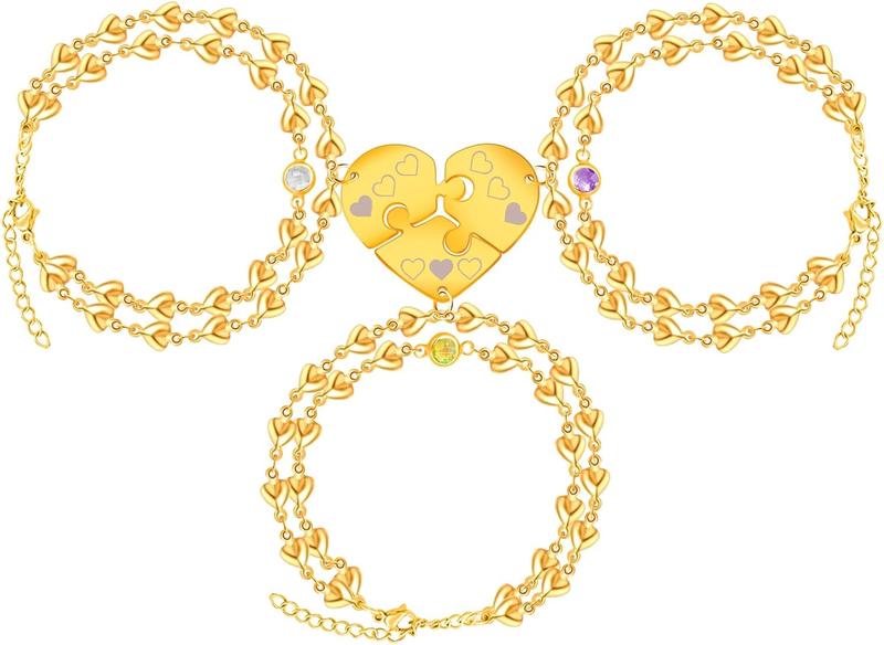 Uloveido Personalized 3 Pieces BFF Heart Puzzle Bracelets with 3 Gift Boxes – Custom Name Stainless Steel Matching Friendship Bracelets for 3 Best Friends