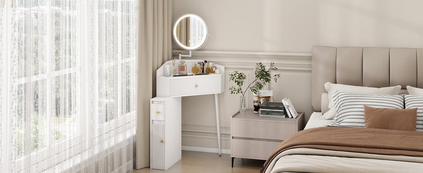 Corner Makeup Vanity Desk with Retractable and Rotating Mirror and Lights Small Modern White Makeup Vanity Set with Glass Top for Women Compact Girls Dressing Table with Drawer for Small Space MVD8004