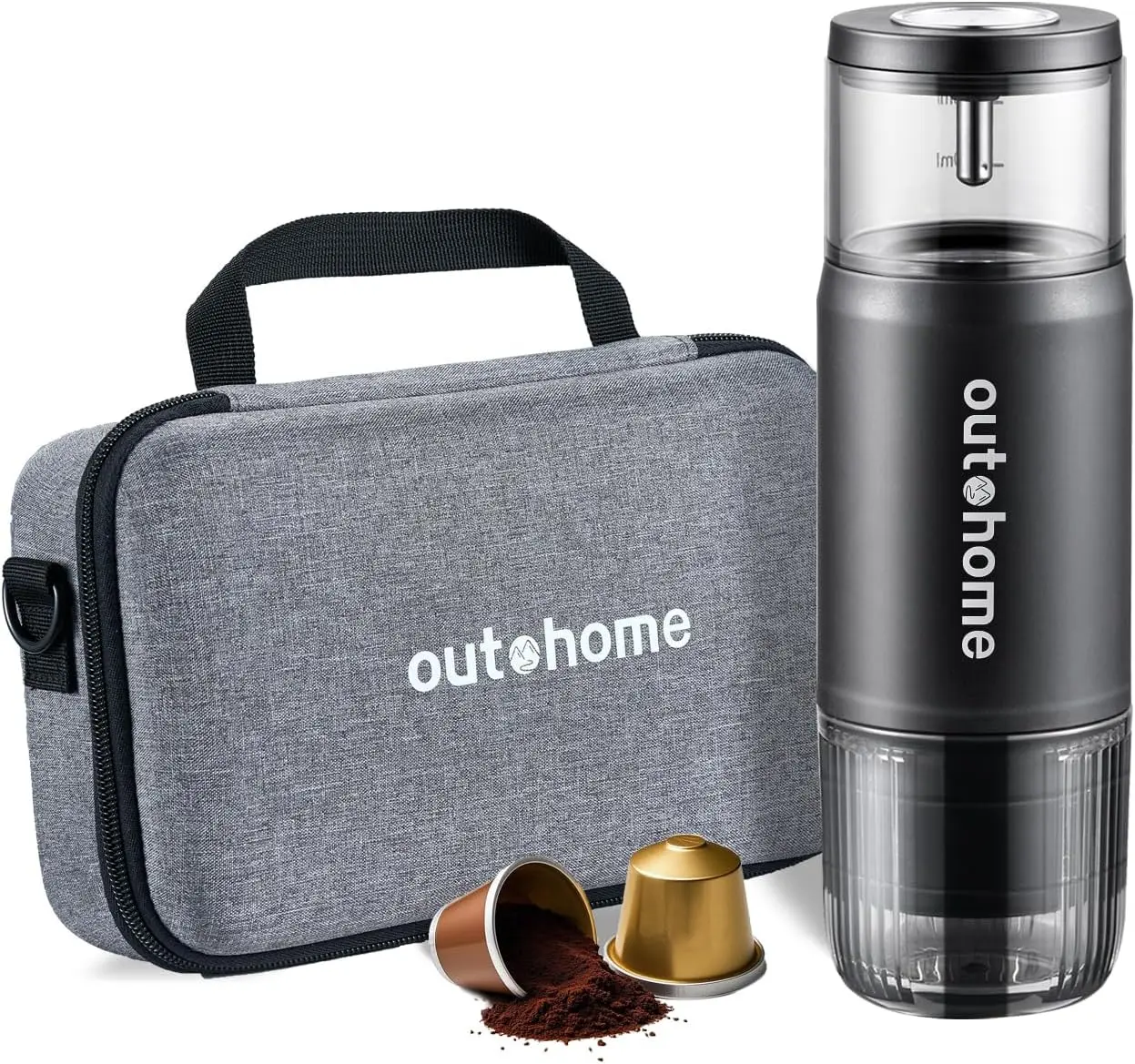 OUTOHOMO 15 Bar Compact Electric Espresso Coffee Maker Machine - Lithium-Powered, Self-Heating, Visible, Hands-Free, Portable for Camping, RV, Compatible with Ground Coffee, NS Capsules
