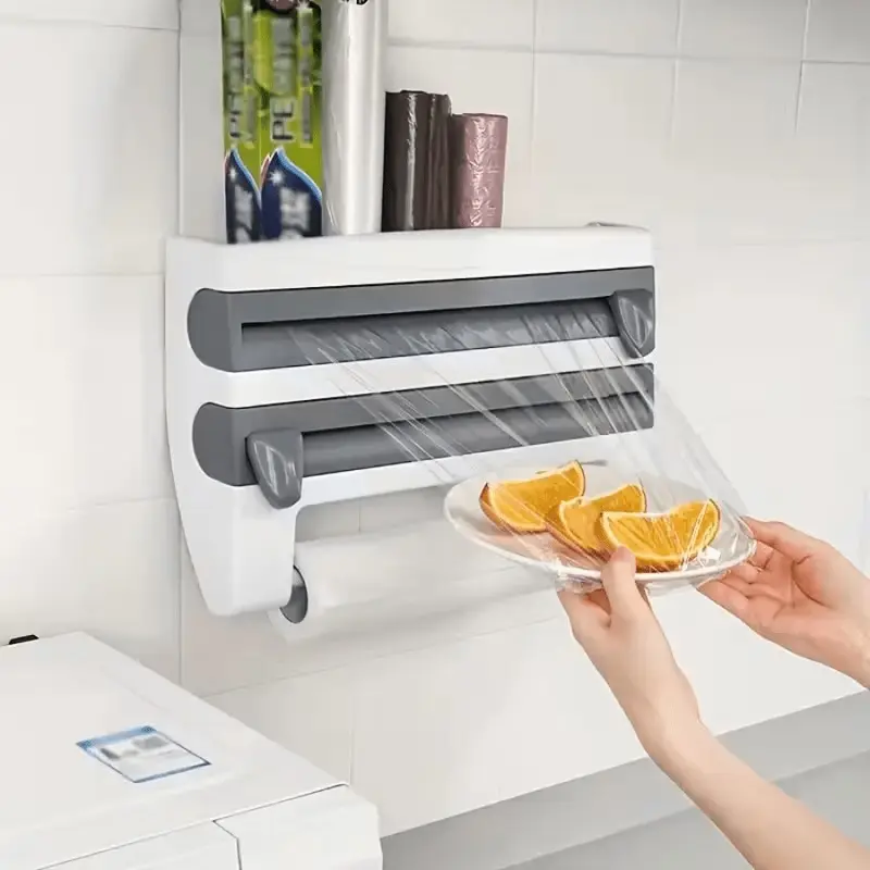 3-in-1 ABS Plastic Kitchen Organizer, Space-Saving Wall-Mount Unit with Built-In Cutter, Foil & Cling Film Dispenser, Paper Towel Holder, Easy Installation
