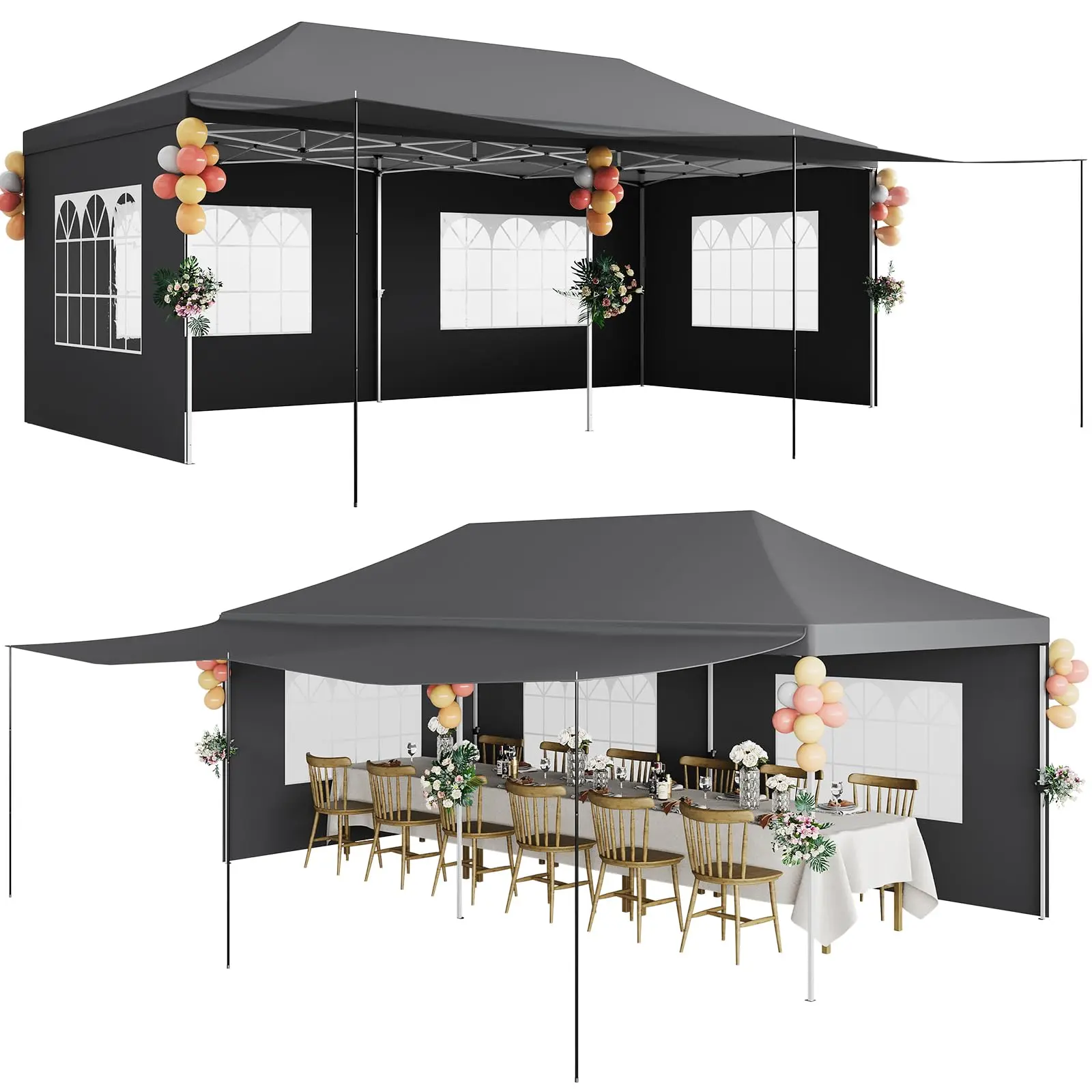 Garvee Commercial Grade Adjustable All Weather Shade Canopy Tent - 10x20 FT (3x6m) Pointed Ceiling, Heavy Duty 420D Oxford Fabric, 5 Removable Sidewalls, PE Windows, UV Protection, Upgraded Legs, Roller Bag, 6 Sand Bags, Adjustable Canopy, Sturdy, Shade C