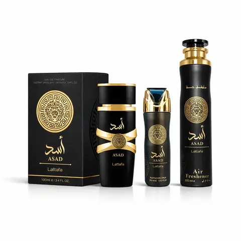 Lattafa Asad Unisex 3-Pieces All-In Liquid Fragrance Gift Set - 3.4 fl oz EDP, 200ml Deodorant, 300ml Air Freshener, Warm Spicy Amber-Vanilla, Captivating Scents, Spicy Woody Notes, From Body To Room Care, Ready To Gift Multi-Pack For Adults' Birthdays