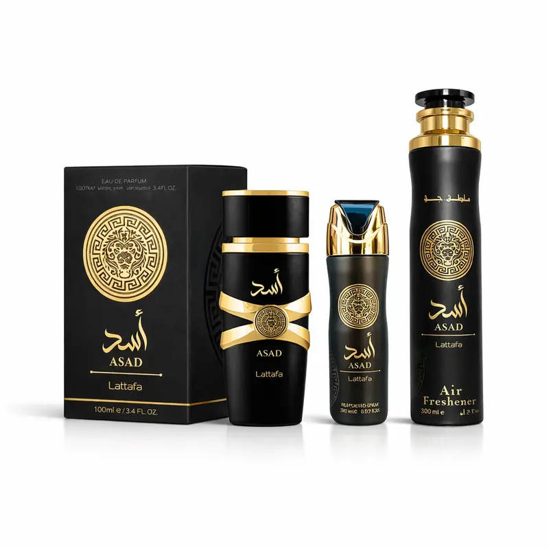 Lattafa Asad Unisex 3-Pieces All-In Liquid Fragrance Gift Set - 3.4 fl oz EDP, 200ml Deodorant, 300ml Air Freshener, Warm Spicy Amber-Vanilla, Captivating Scents, Spicy Woody Notes, From Body To Room Care, Ready To Gift Multi-Pack For Adults' Birthdays