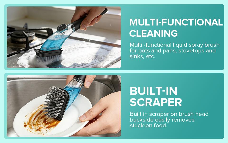 Soap Dispensing Dish Brush with Replaceable Head – Non-Scratch Nylon Bristles, Built-in Scraper & Soap Reservoir (70ml), Ergonomic Grip for Non-Stick Pans, Includes Non-Skid Holder