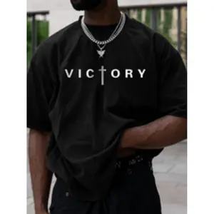 [Graphic Tees] Cotton 1pc mens casual cotton t shirt with victory print crew neck   stretch   knit fabric regular   tee for adults plus size white