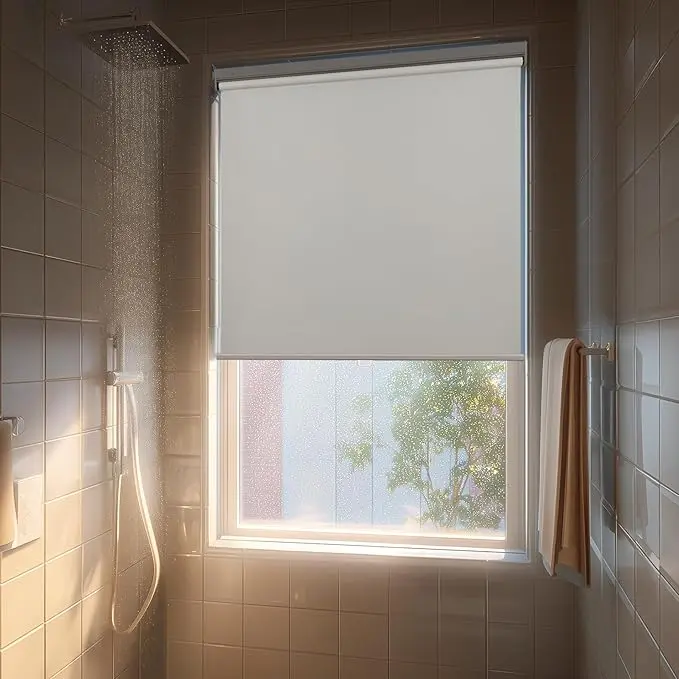 No Drill Cordless Blackout Roller Shades Screwless Waterproof Shower Window Blinds, Auto-Retraction Easy Install Blind for Bathroom/Kitchen/Office/Exterior, White
