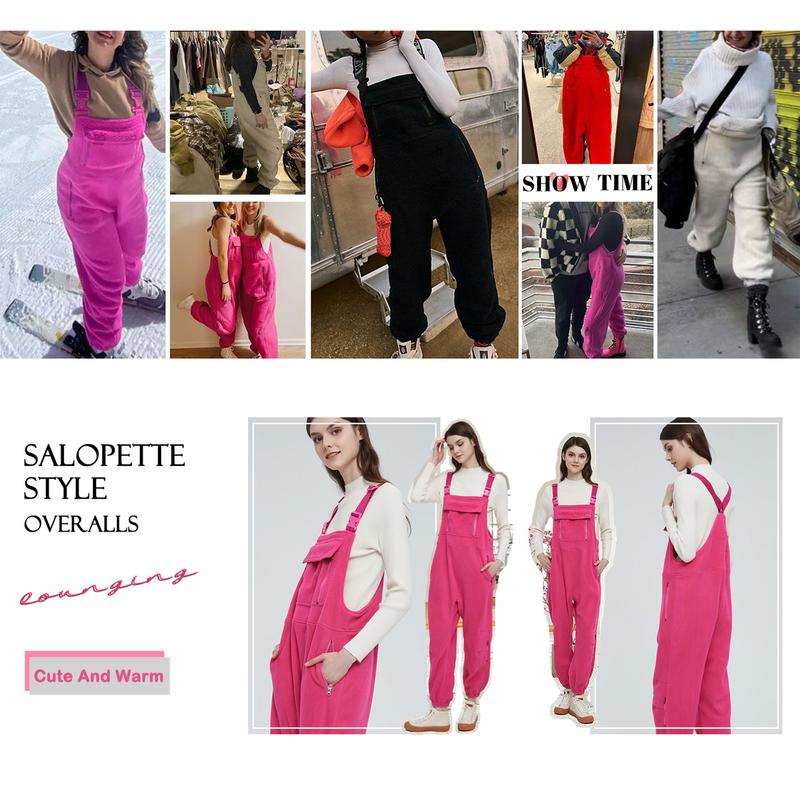 Buenoble Women's Fuzzy Fleece Overalls Winter Bib Pants Loose Fit Adjustable Strap Jumpsuit Warm Teddy Sherpa Romper Loungewear Streetwear