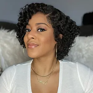 Natural Look Short Pixie Cut Curly Wig Real  Brazilian Virgin Human Hair for Black Women Short Curly Bob with Natural Hairline and Baby Hair Natural Black Color SummerVibes