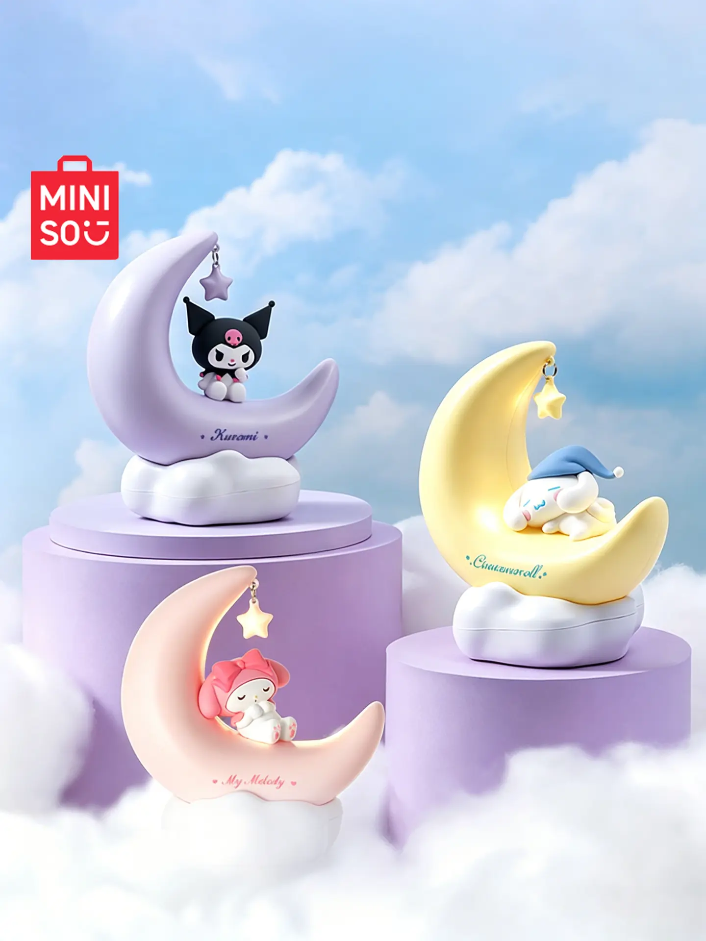 [Back to school]MINISO SR Crescent Sweet Dream LED Night Light Decoration with Cinnamoroll & Kuromi Characters, Adorable Cartoon Design, Soft Warm Lighting, USB-Powered Charging, Ideal for Bedroom Bedside, Desk Ornament & Room Decor
