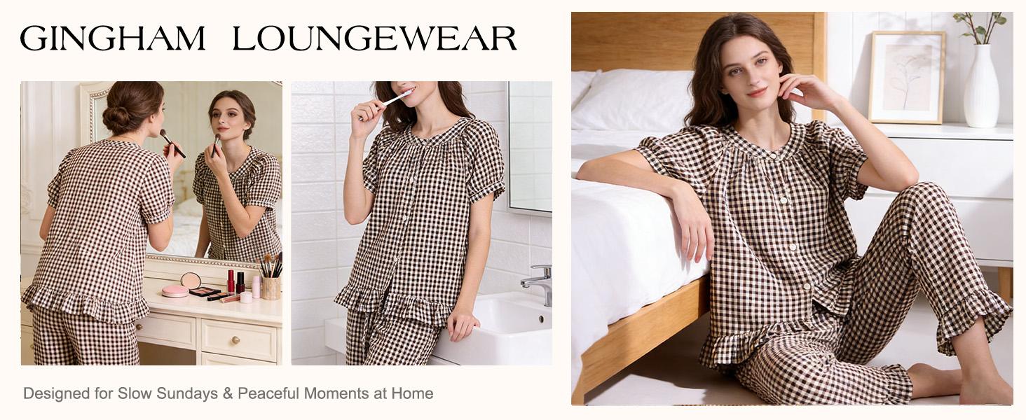 Naeduo Womens Plaid 2 Piece Pajamas Sets Gingham Button Down Puff Sleeve Babydoll Shirt Ruffle Pants Y2K Pjs Lounge SpringStatements Set Soft