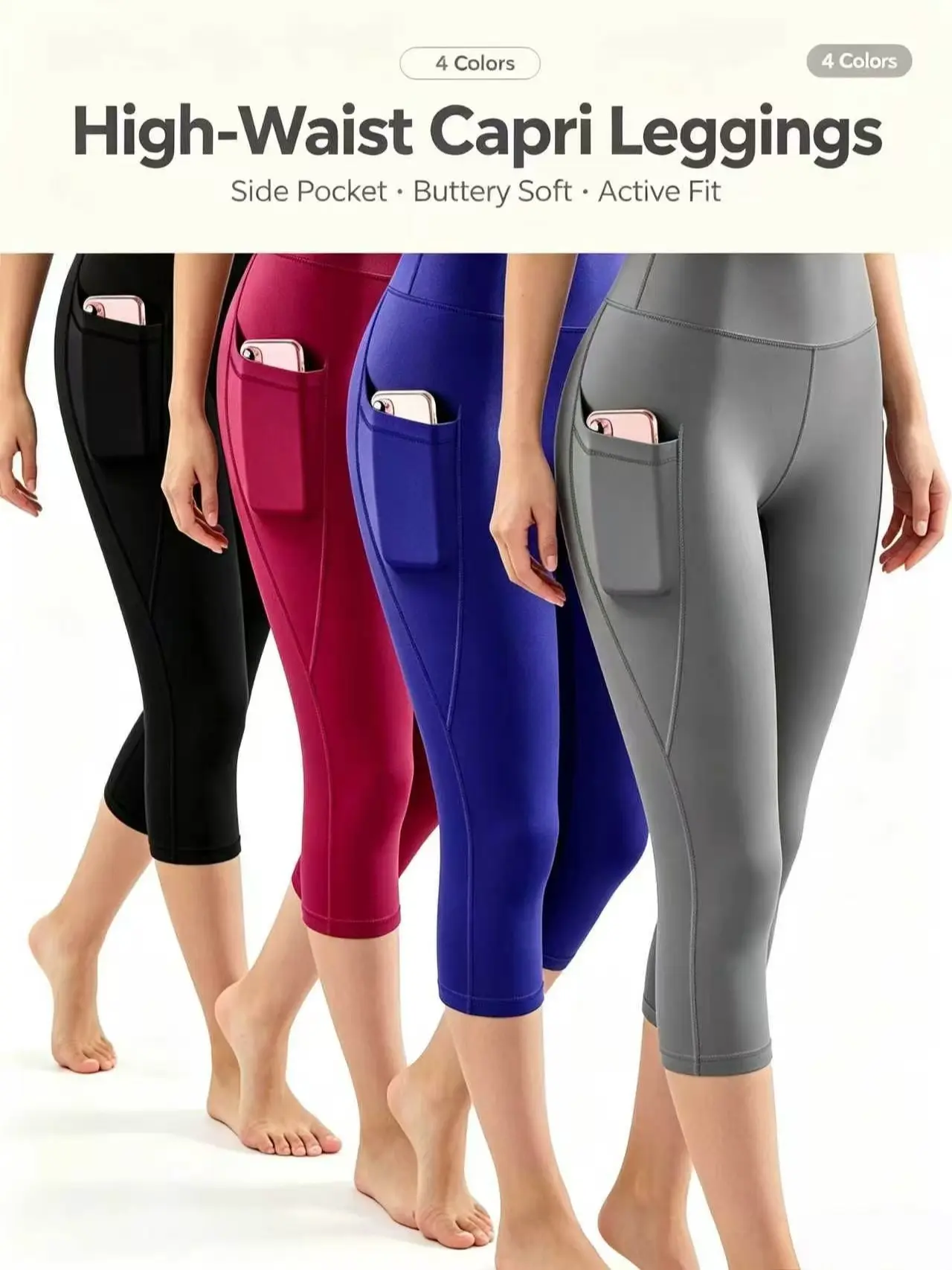 4 Pack Multi Color Yoga Capris High Waist with Functional Phone Pockets. Ultra stretch tummy slimming leggings, plus size friendly, squat proof opaque material for workout and street wear. elastic activewear polyester legs daily sport yoga pant aligns