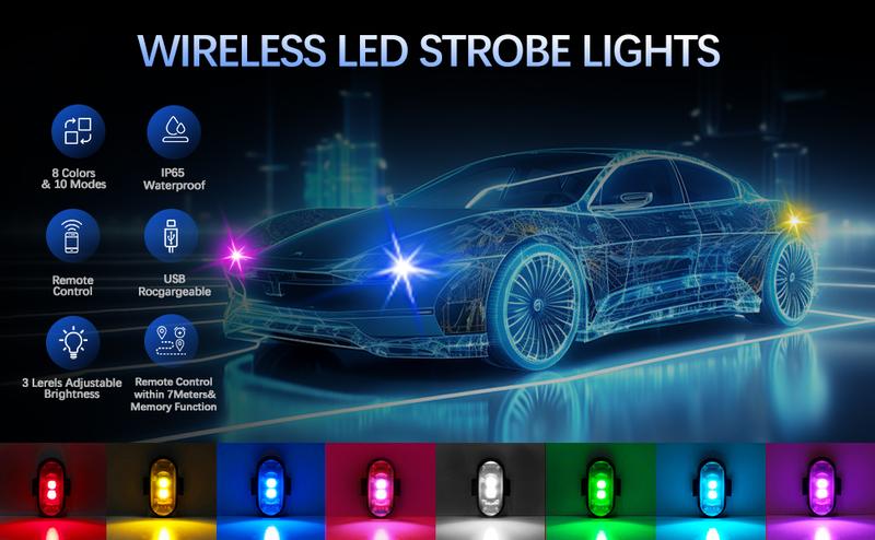 6PCS Wireless LED Lights for Car with Remote Control, High Brightness Wireless LED Strobe Light USB Charge IP65 Waterproof Anti-Collision for Car Motorcycle Aircraft Bike
