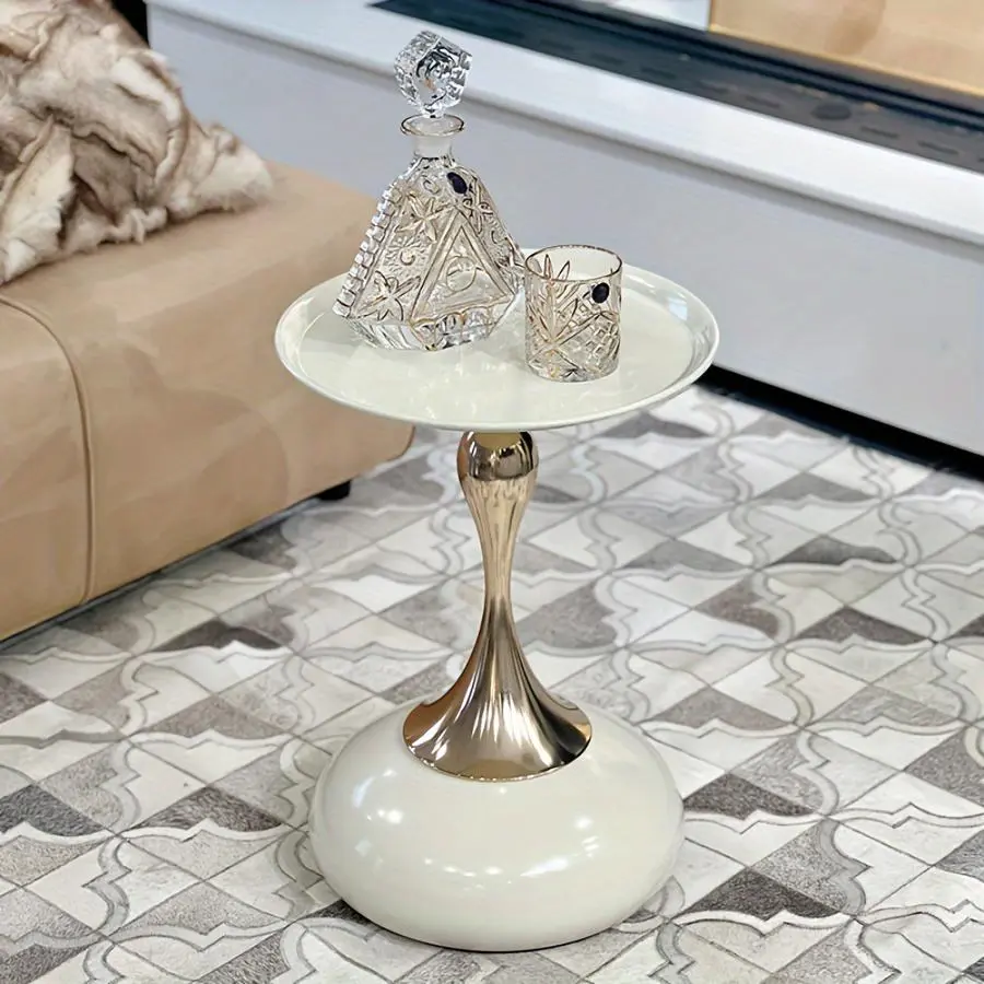 Modern Round Side Table for Living Room - Luxury Curved Waist Gold Metal Pedestal, Glossy Finish Adds Reflective Shine, Sofa-Side Spot for Drinks and Lamps, Nightstand for Sofa Corner Decor, Side Tables