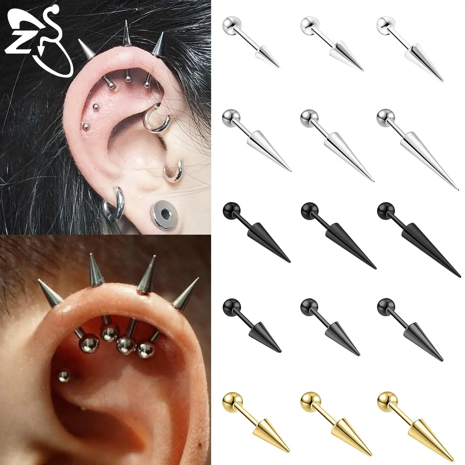 ZS 1 Piece Punk 18G Stainless Steel Stud Earring Men Women 6/8/10/12/15/17MM Long Spike Shape Helix Cartilage Piercings Jewelry