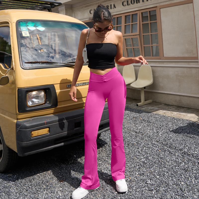 OQQ Women's 2 Piece Flare Leggings High Waist V Shirring Seamless Butt Lifting Tummy Control Wide Leg Gym Casual Workout Yoga Pants