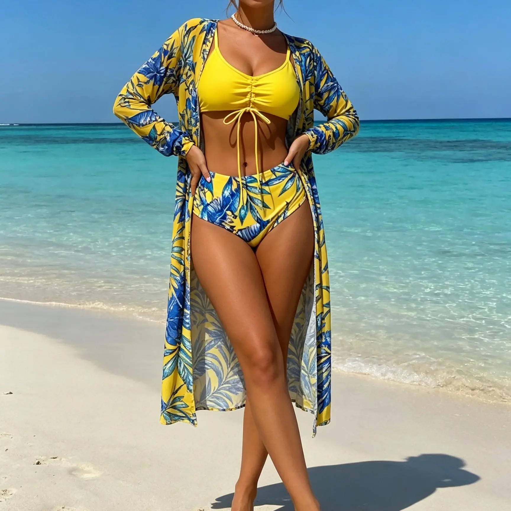 Women's 3 Piece Swimsuit, Palm Print Tie Front High Waisted Bikini Set with Matching Kimono Cover Up for Beach Vacations, Swimsuits For Women, Trending Swimsuits 2026