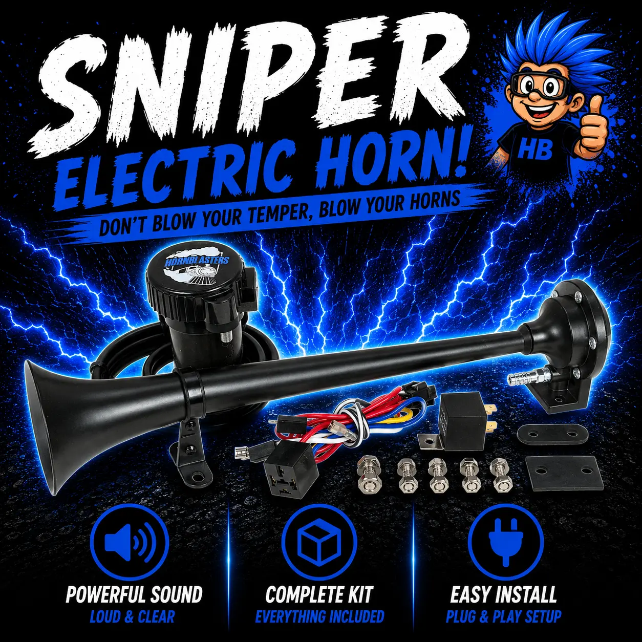 HornBlasters Sniper Electric Air Horn | 12-Volt DC 20A | With 40 Amp Relay & Mounting Hardware | Vehicle Car Accessories
