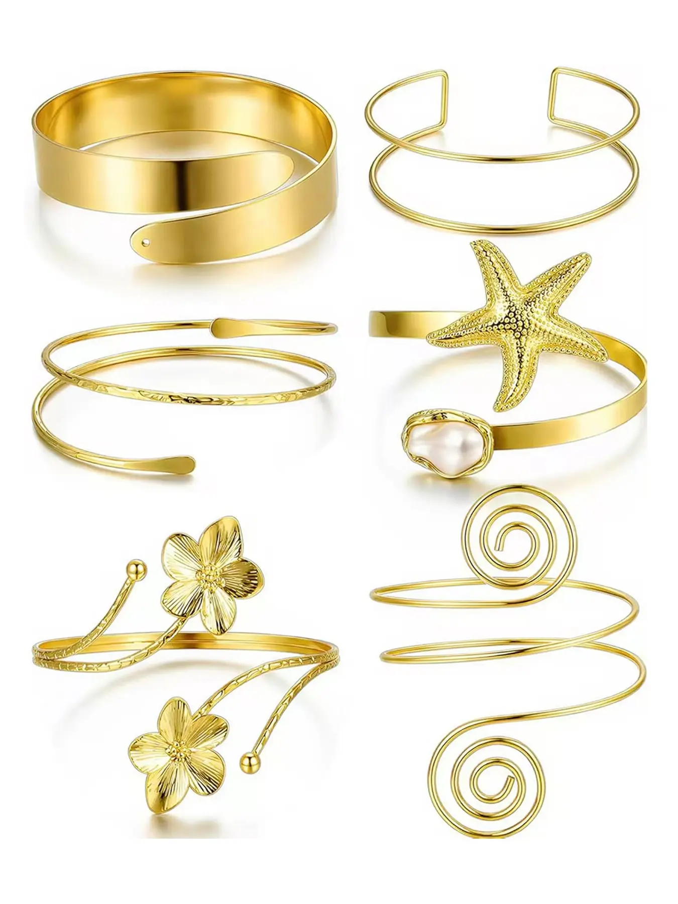 6PCS Gold Arm Cuff Bracelets for Women, Boho Statement Gold Upper Arm Bangle Band Armlet, Open Adjustable Cuff Bracelet Set, Stackable Fashionable Jewelry