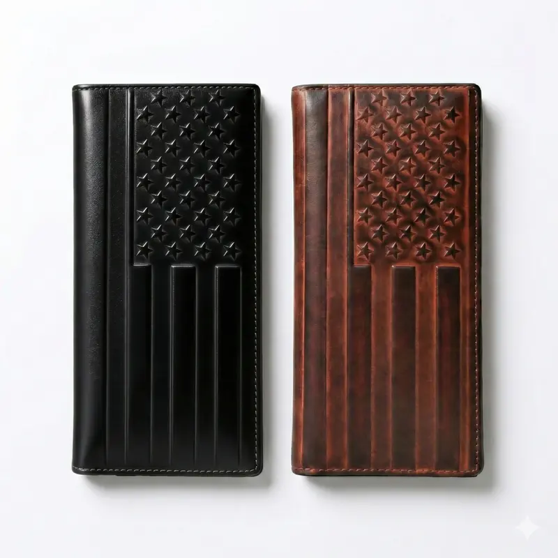 Men's Handmade Real Cowhide Leather RFID Blocking Long Bifold Wallet - America Flag Embossed, 13 Card Slots, ID Windows, Vintage Style, Western Cowboy Casual Design, Durable, Chic, Leather Wallets, Mens Gifts