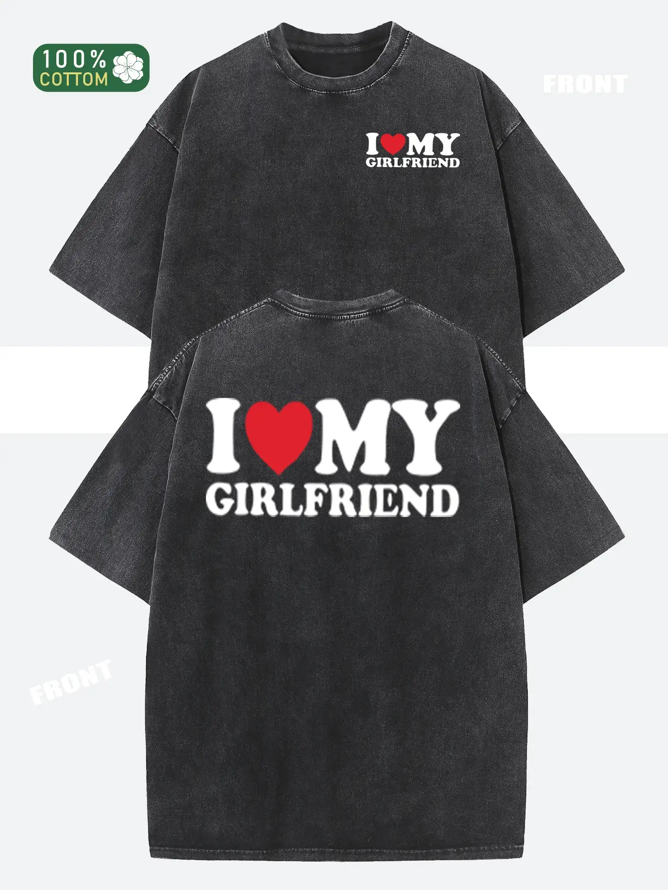 valentine shirts I love my girlfriend alphabet print pure cotton, oversize shoulder retro street basics loose hip-hop men's and women's tops Autumn summer do old washed T-shirt Short sleeve round neck T-shirt Casual Streetwear