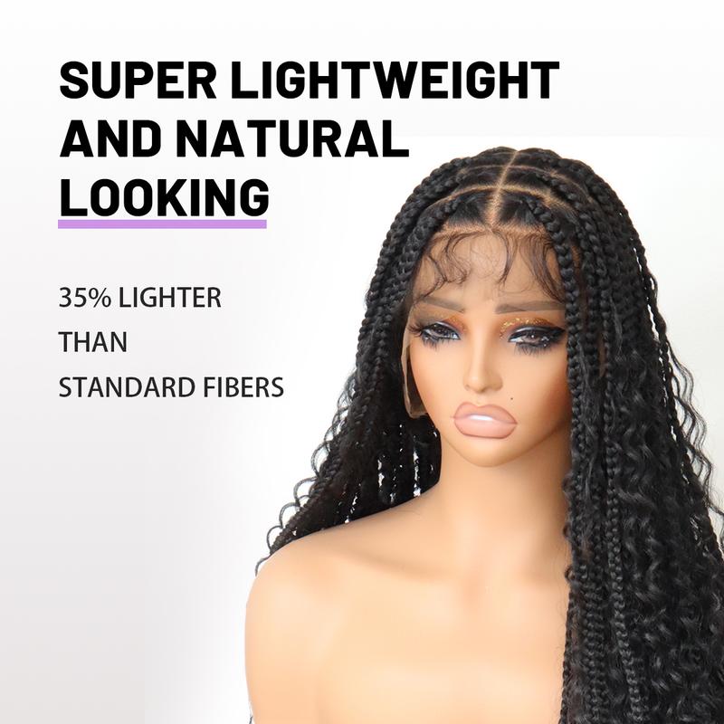 Boho Braided Wig 36Inch Full Lace Premium Synthetic Knotless Box Braid Wig with Baby Hair Bohemian Curly Ends