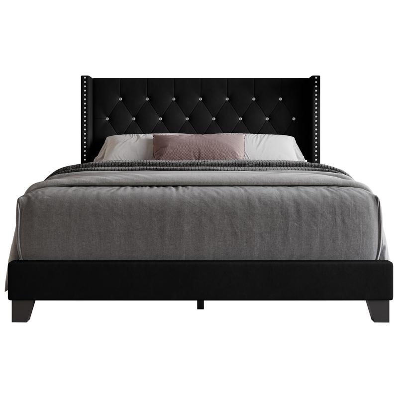 Favorer Monroe Tufted Upholstered Wingback Panel Bed Frame with Diamond Tufting and Nailhead Trim for Adult Bedroom, Box Spring Required