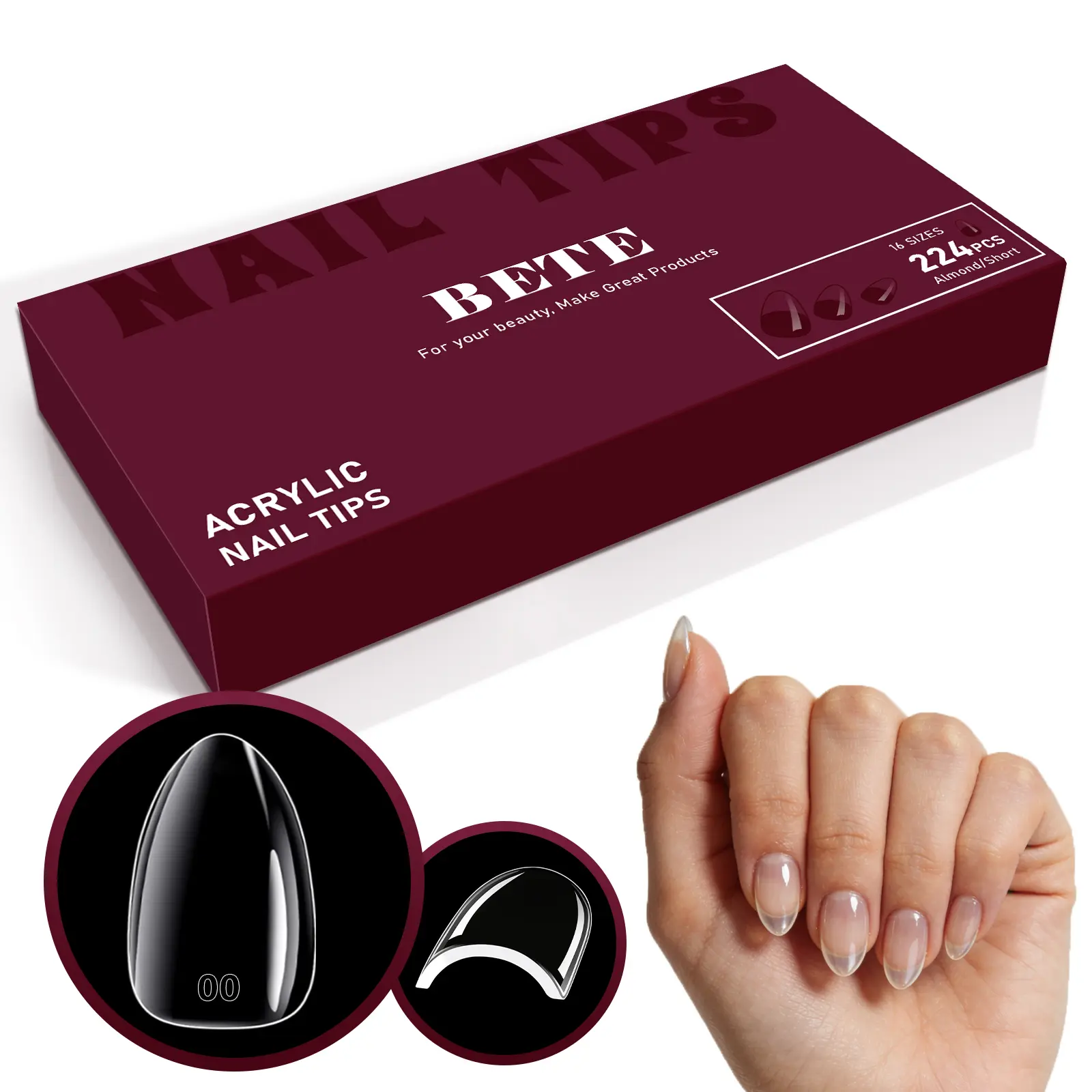 BETE  60/224PCS Almond Nail  Clear Acrylic Full Cover, Pre-Shaped Strong, Extra Thick Press on Nails for DIY Manicure at Home & Salon