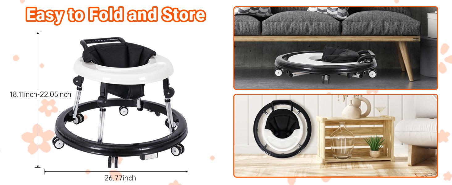 Baby Walker Foldable with 9 Adjustable Heights, Baby Walkers and Activity Center for Boys Girls Babies 7-18 Months, Portable Wheeled Baby Activity Walker