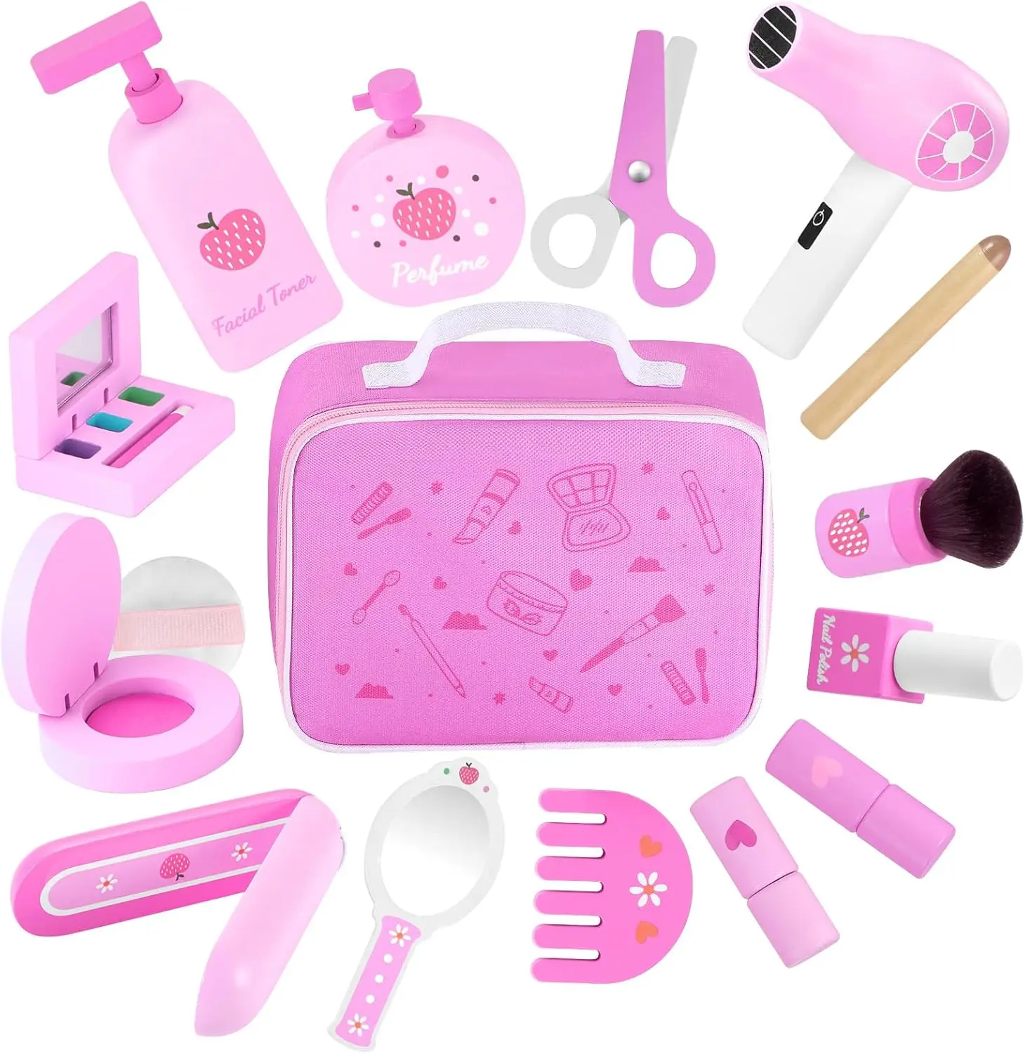 GAGAKU Wooden Toddler Girl Pretend Play Vanity Miniature Set with Makeup Bag, Comb, Perfume, Nail Polish, Eyebrow Pencil, Straightener, Powder Puff & Styling Tools, Indoor Toy with Storage Organization, 3-7 Year Old Christmas-Birthday Gift, Toddler Girl S