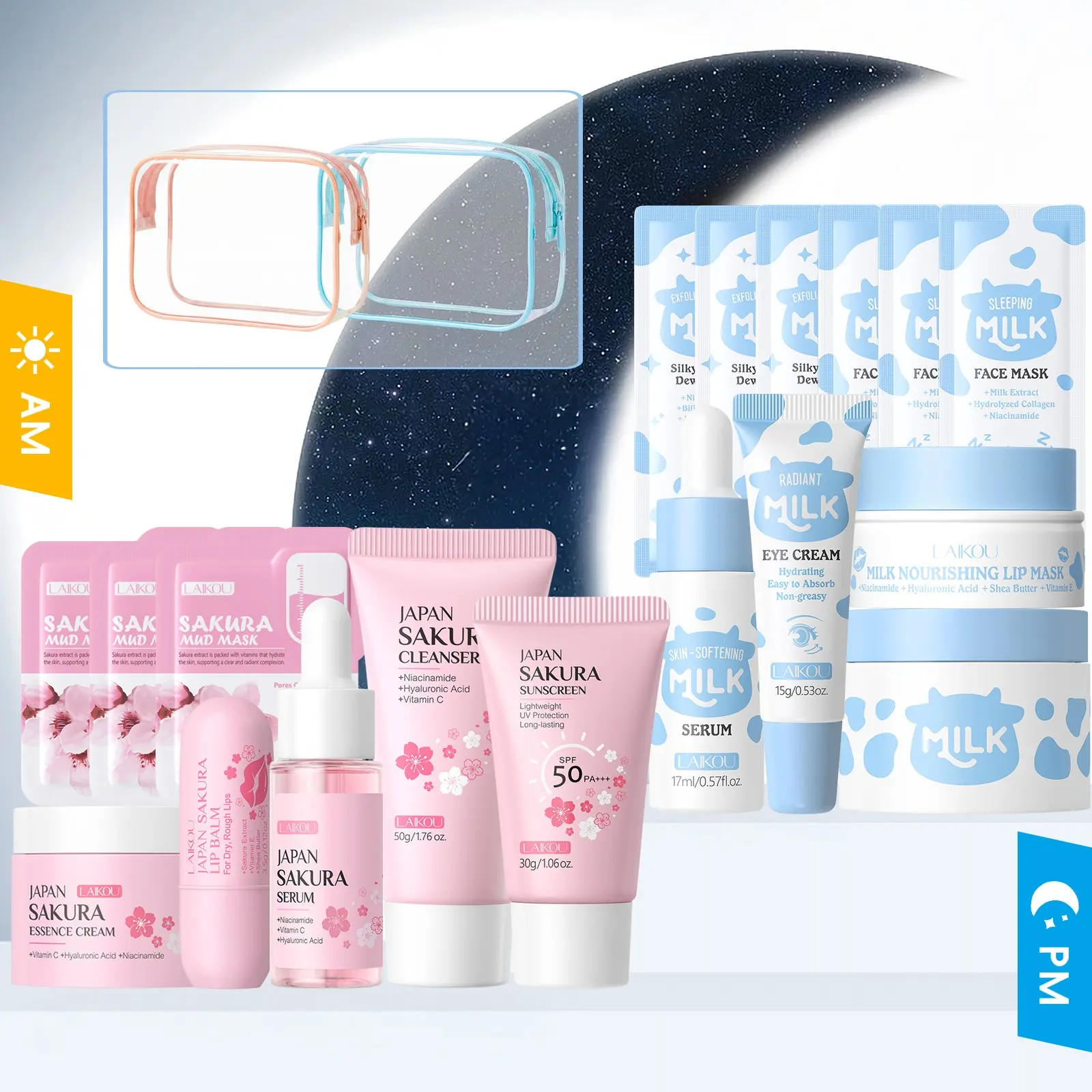 Day & Night Skincare Travel Kit - LAIKOU 14Pcs Sakura & Milk Complete Daily Face Routine Ultimate Glow Kit for Beginners & Teens - Daytime Brightening & Nighttime Repairing Bundle with 2 Waterproof Bags Skin Care Sets