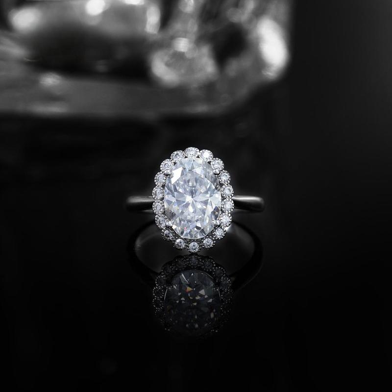 Delzzad 6ct Halo Flower Ring Oval Synthetic Moissanite Ring Band In 925 Sterling Silver Christmas Gift