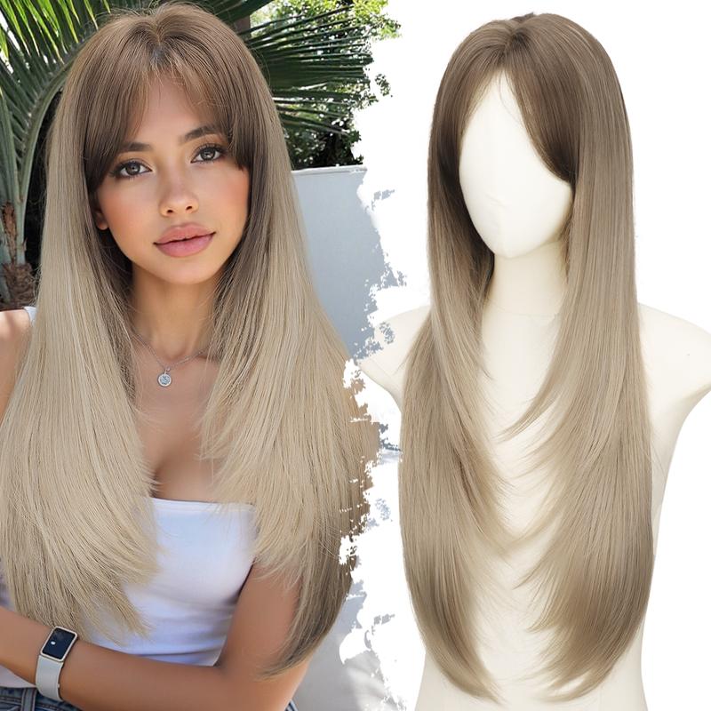 [ AISI HAIR ]Long Ombre Light Blonde Wig for Women,4x4 Realistic Scalp, Free Parting,Layered Hairstyle Synthetic Heat Resistant for Daily Party Use 26 inch