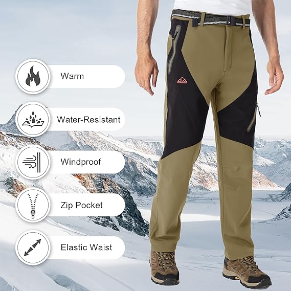 TBMPOY Men's Skiing Pants Waterproof Windproof Fleece Lined Hiking Cargo Insulated Pants Winter Warm Snow Pants