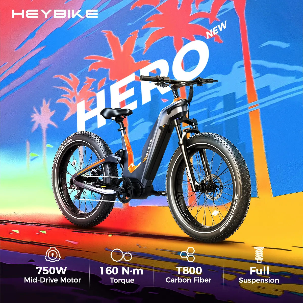 Heybike Hero Carbon Fiber Electric Bike for Adults, 750W Mid-Drive Motor with 160Nm Torque, 864Wh Removable Battery, 60 Miles Range, 35MPH All-Terrain EMTB, Full Suspension 26"x4" Fat Tire Electric Mountain Bike