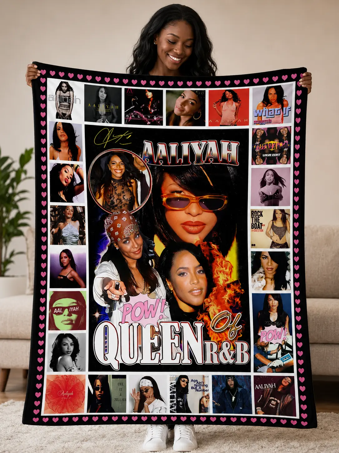 Aaliyah Princess of R&B Vintage 90s Rap Tee Style Photo Collage Fleece Throw Blanket - Y2K Nostalgia Music Fan Art Featuring Iconic Album Covers & Portraits - Cozy Bedroom Decor