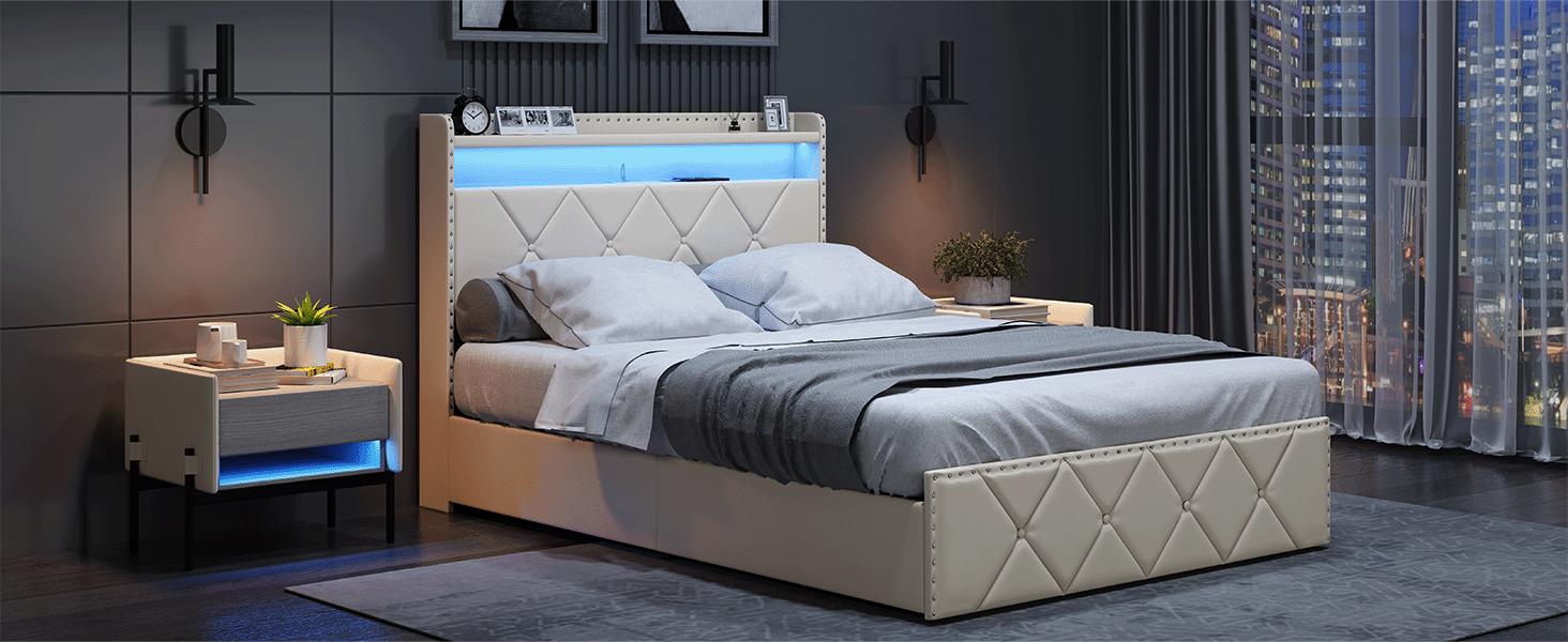 Full-Size Upholstered Bed Frame with 2 Drawers and Square Stitch Button, Bed Frame with Charging Station and LED Lights, Upholstered Headboard with 2-Tier Storage Shelves, Black queen  bed  frames
