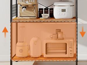 Kitchen Bakers Rack with Power Outlet, Coffee Bar Table 4 Tiers, Microwave Oven Stand Station, Adjustable Storage Shelf for Spices, Freestanding Appliance Organizer