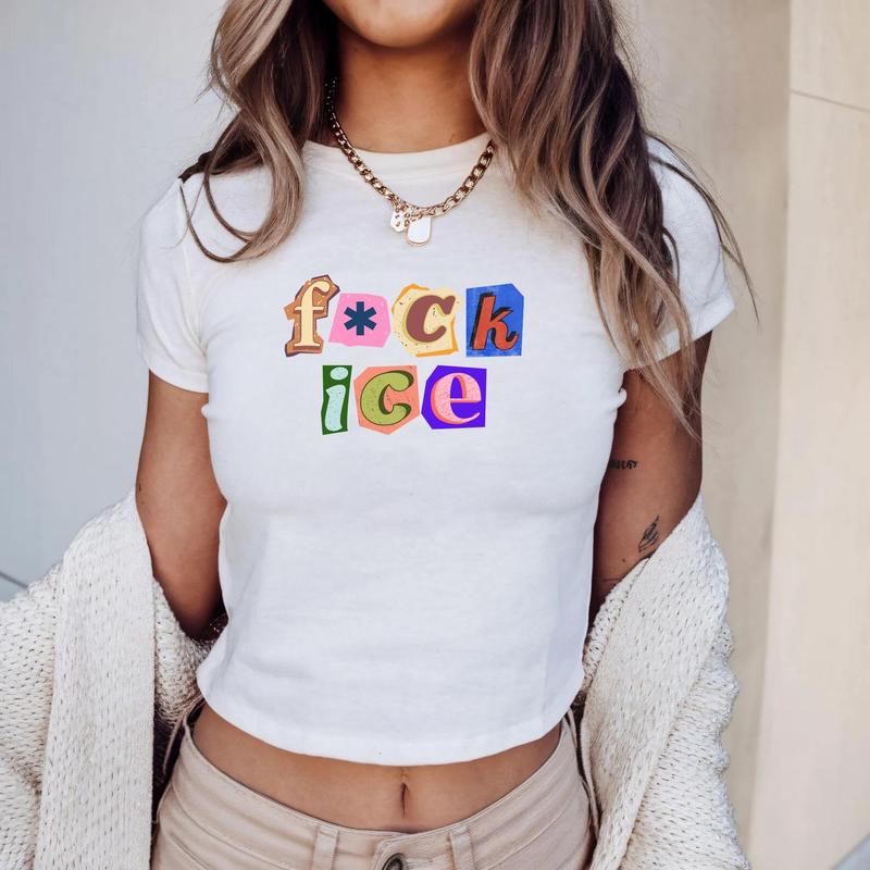 [Sale Up To 50%] Anti Ice Magazine Letter Baby Tee, Fuck ICE Y2K Shirt, Protect Immigrants Tee, No Human Is Illegal Top, Activist Graphic Baby Tee, FDT