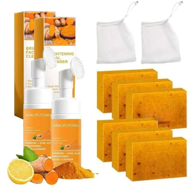 [TURMERIC&KOJIC]Turmeric Wash and Care tow Piece Set, Tuemeric Facial Cleanser & Turmeric Soap Combo, Turmeric Cleansing Mousse, Face Wash and Soap Bundle for Face & Body Deep Cleansing (1pc Turmeric Wash+3pc Soaps)