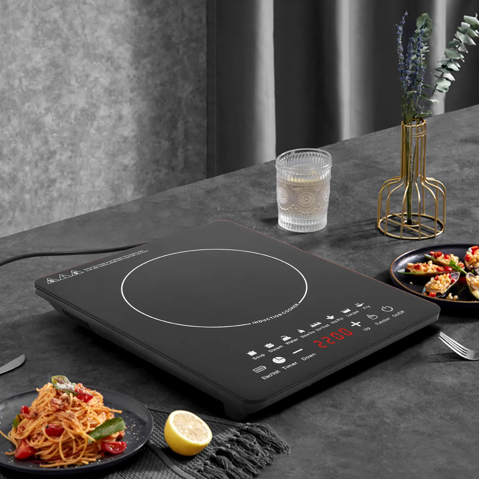 Portable Induction Cooktop, 110V 750W Single Burner with Glass Top, 8 Power Levels & Digital Touch Controls for Dorm Rooms, Boats, Backyard, Timer, Countertop, 110V, 50/60Hz, 28*35*6Cm