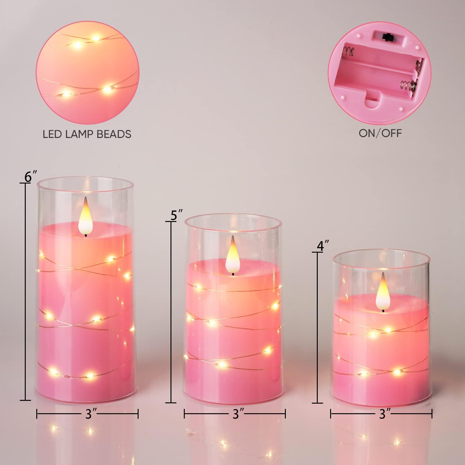 Flickering Flameless Candles with String Fairy Lights Battery Operated LED Candles Unbreakable Plexiglass Pink Set of 3 with Remote Control for Home Decor