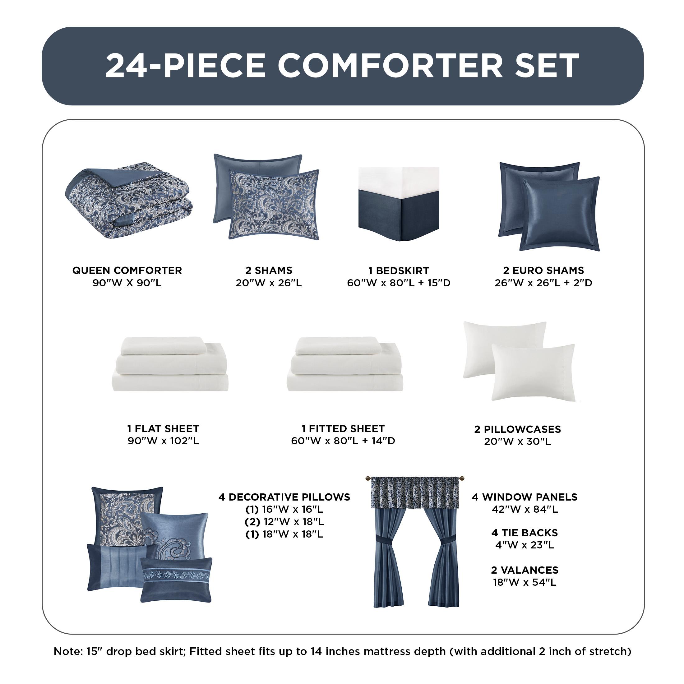 Brystol 8/24 Piece Room in a Bag Faux Silk Comforter Jacquard Paisley Design Matching Curtains Down Alternative All Season Bedding-Set