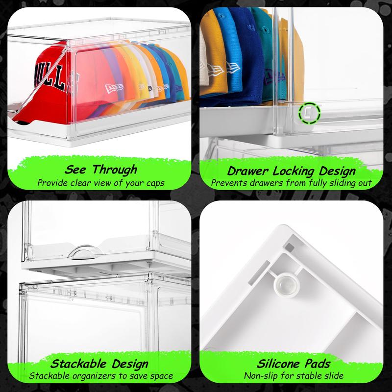 [Valentine's Day Gift] Vtopmart 2-4 Pack Hat Organizer for Baseball Caps, Clear Hats Holder Box with Drawer, Large Cap Storage with Sliding Tray, Stackable Rack Display Case with Magnetic Door, Each Holds 12 Hats