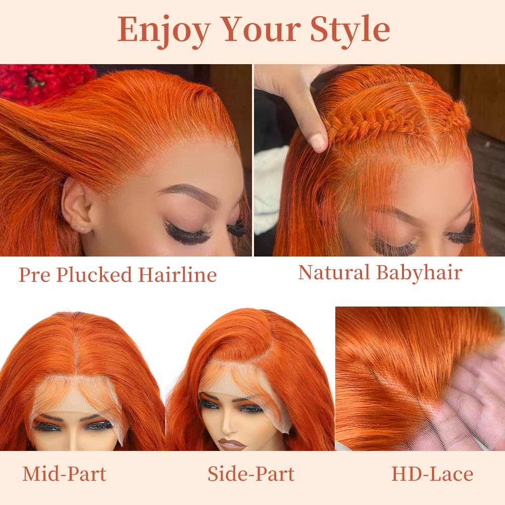 Ginger orange 13x6 Lace Front Wigs human hair Pre Plucked Ginger wigs Human hair 200% Density Body Wave Wigs Humaun hair Colored Free styling, dyeing Black Women Bleached Knots