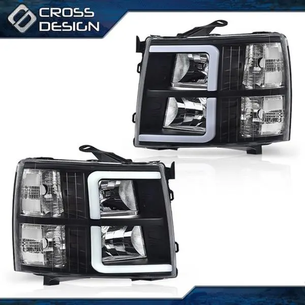 CROSSDESIGN 1 Pair Aftermarket Bulbs Headlight Assemblies - Bar Tube Projector LED Front Lights with DRL, Compatible with 07-13 Chevy Silverado 1500,2500 (Includes Projector/DRL Daytime Running Light Elements), Assemblies Projector Light Headlight