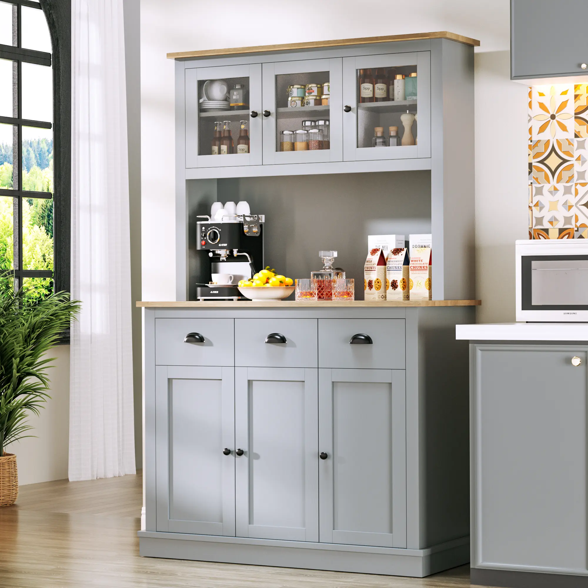Topwin Gray Adjustable Storage Microwave Cabinet - 3 Drawers, 6 Doors, Modern Multi-Function Storage Unit for Kitchen, Living Room Furniture, Adjustable Storage Cabinet