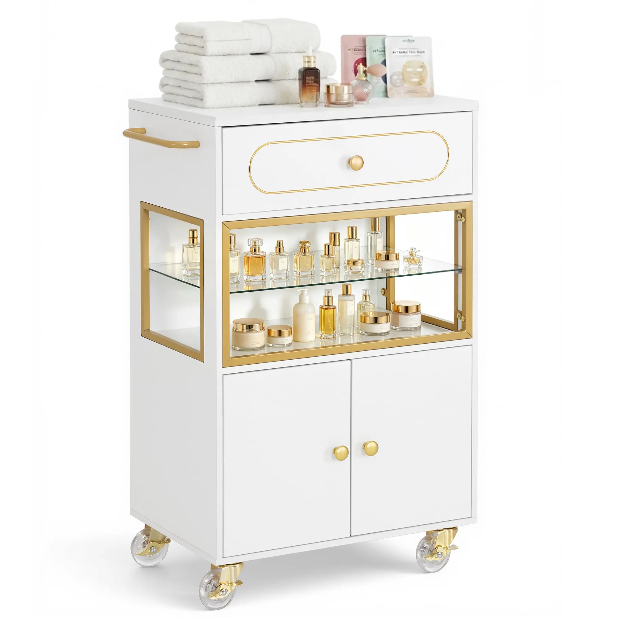 BarberPub Multi-Level Salon Trolley Cart (2077 Series) - Salon Equipment with Drawer, Storage Cabinet, Locking Castors, MDF & PVC Construction, White & Gold