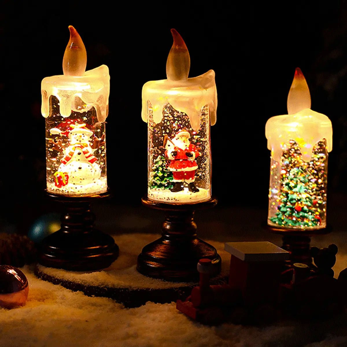 Christmas Decor Set - Traditional Classic Switch-Operated Festive Home & Party Desktop Ornaments, Atmosphere Lighting, Candles, Night Lights, Snowman Themed Holiday Gift, Compact