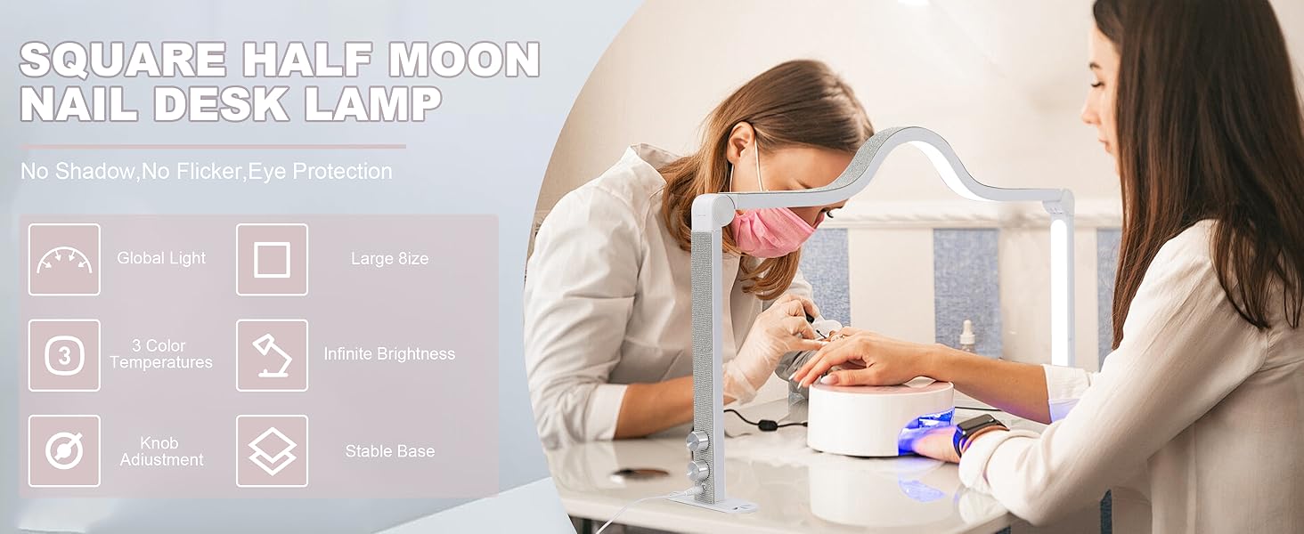 Upgraded Knob type Nail Tech Lamp for Desk, 34 in Foldable Large Nail Light with Phone Holder, 2 Modes 3000K-6000K LED Manicure Lamp, Half Moon Light for Lash Eyelash Extension, Tattoo, Eyebrows