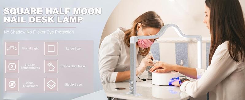 Upgraded Knob type Nail Tech Lamp for Desk, 34 in Foldable Large Nail Light with Phone Holder, 2 Modes 3000K-6000K LED Manicure Lamp, Half Moon Light for Lash Eyelash Extension, Tattoo, Eyebrows